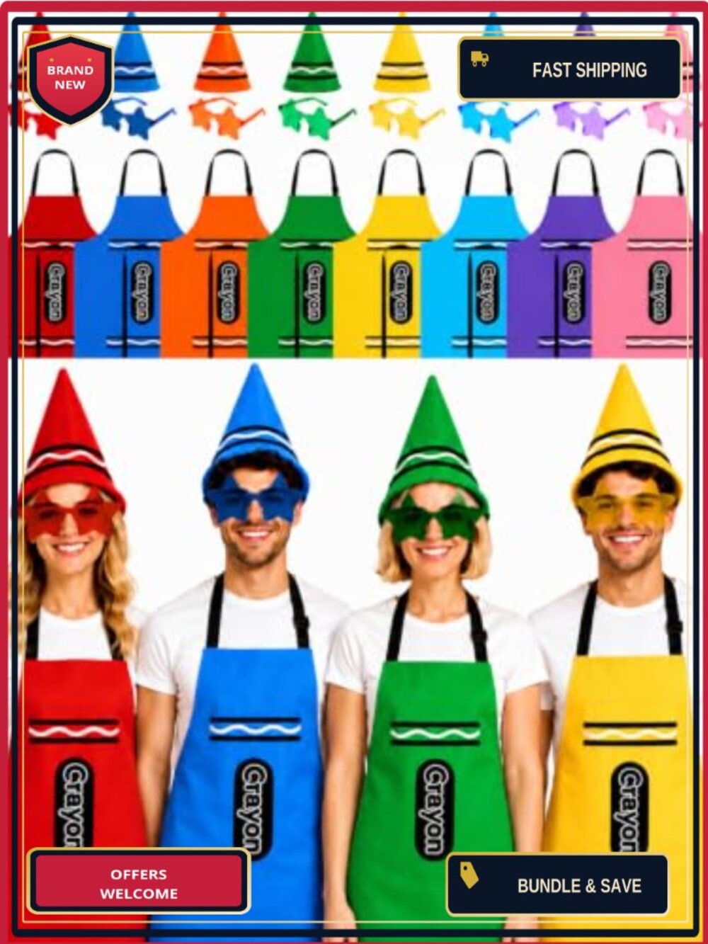 Adult Crayon Costume Set 24pc Felt Group Halloween Apron Hat Glasses